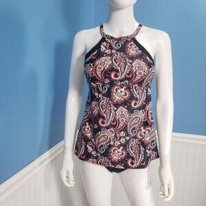 Fashion World Women's Paisley Halter Neck Tankini Top, 2 Piece Swimwear Set Red